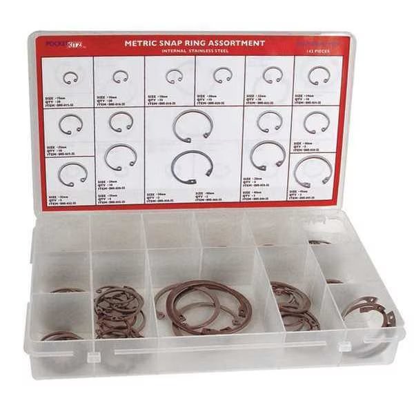 Internal Retaining Ring Assortment, Stainless Steel, Plain Finish, 16 Sizes, Rotor Clip, Mfr#: DISP-DHO142SS
