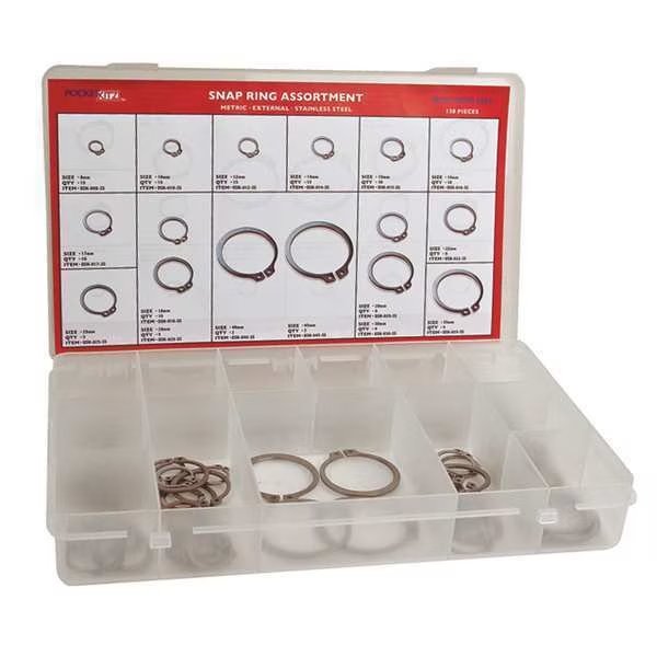External Retaining Ring Assortment, Stainless Steel, Plain Finish, 138 Pieces, G.L. Huyett, Mfr#: DISP-DSH138SS