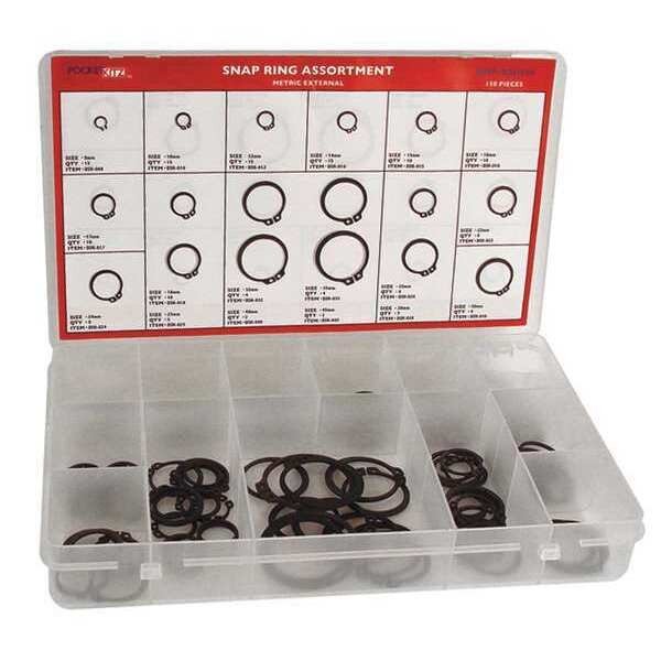 External Retaining Ring Assortment, Carbon Spring Steel, Phosphate Finish, 150 Pieces, 18 Sizes, G.L. Huyett, Mfr#: DISP-DSH150