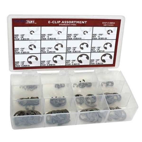 External Retaining Ring Assortment, Stainless Steel, Plain Finish, 9 Sizes, Rotor Clip, Mfr#: DISP-E100SS