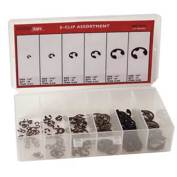 External Retaining Ring Assortment, Carbon Steel, Phosphate Finish, 6 Sizes, Rotor Clip, Mfr#: DISP-E125