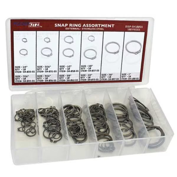 External Retaining Ring Assortment, Stainless Steel, 100 Pieces, G.L. Huyett, Mfr#: DISP-SH100SS