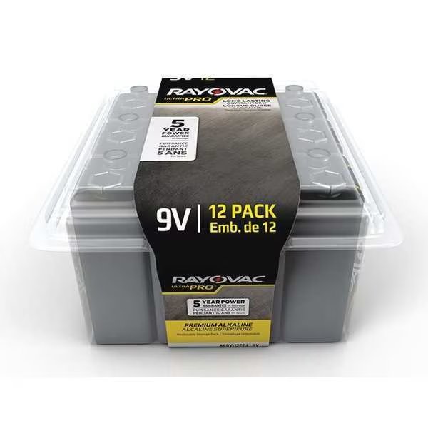 UltraPro 9V Alkaline Battery, 9V DC, 12 Pack, Rayovac, Mfr#: AL9V12PP