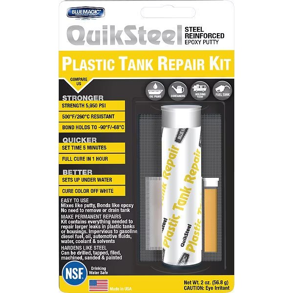 Plastic Tank Repair Kit, QuikSteel, 2 oz Container Size, 1 to 1, White, Blue Magic, Mfr#: 6522KTRI
