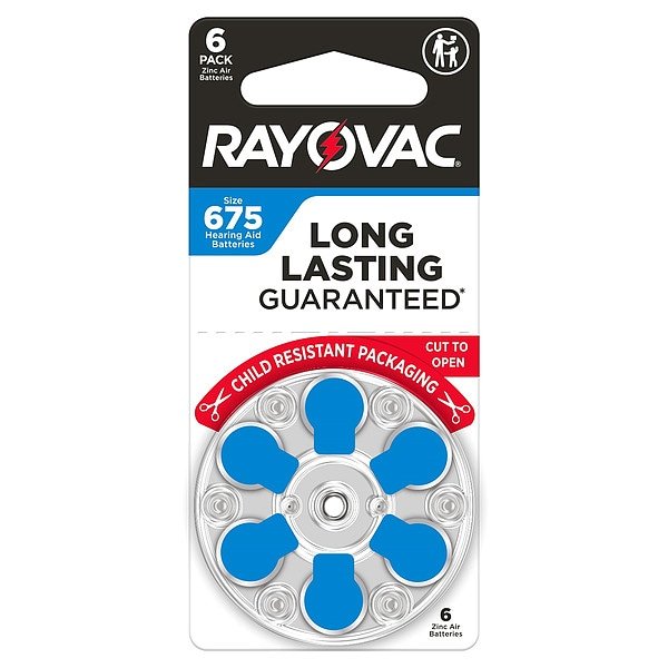 Hearing Aid BATT, 1.4V DC, 625 mAh CAP, PK6, Rayovac, Mfr#: 675CR-6ROVUS