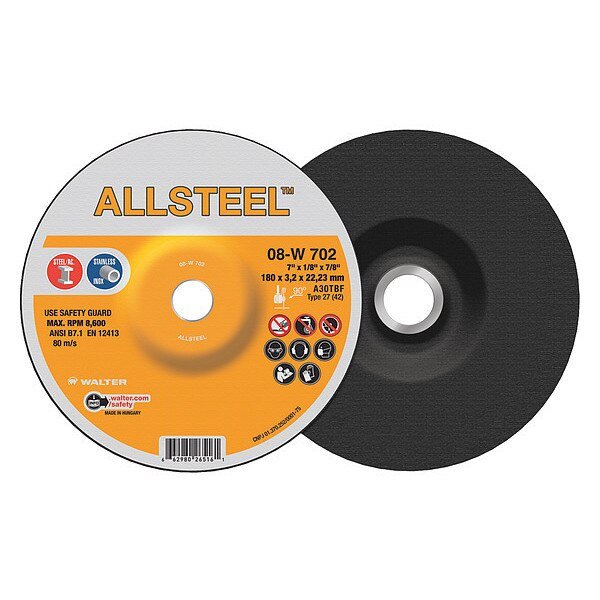 Allsteel Grinding Disc, 7" x 1/8" x 7/8, Walter Surface Technologies, Mfr#: 08W702