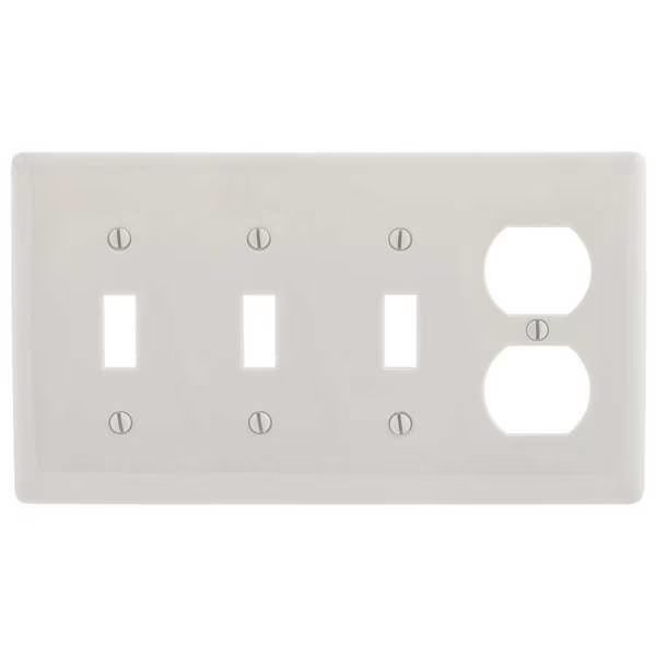 Toggle/Duplex Receptacle Wall Plate, Number of Gangs: 4 Thermoplastic, Smooth Finish, Light Almond, Hubbell, Mfr#: P38LA