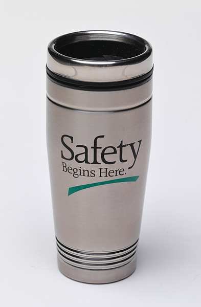 Travel Mug, Safety Begins Here, 18 oz., Quality Resource Group, Mfr#: 3771