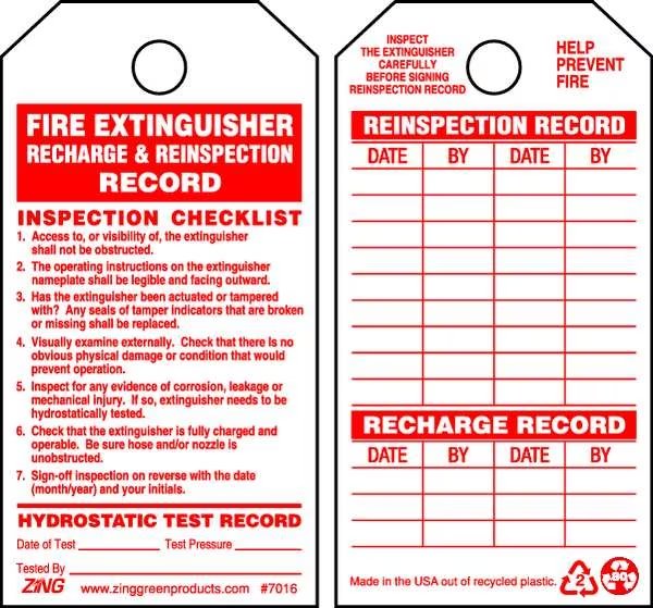 Fire Extinguisher Tag, 5 3/4 in Height, 3 in Width, Zing, Mfr#: 7016