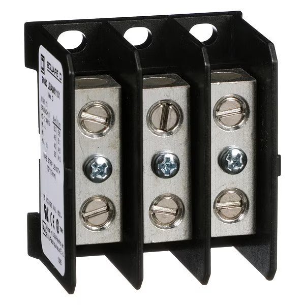 Miniature Distribution Block, Surface Mount, 3 Poles, 14 AWG to 2 AWG, 115 A, 600 V AC/DC, Black, Square D, Mfr#: 9080LBA361101