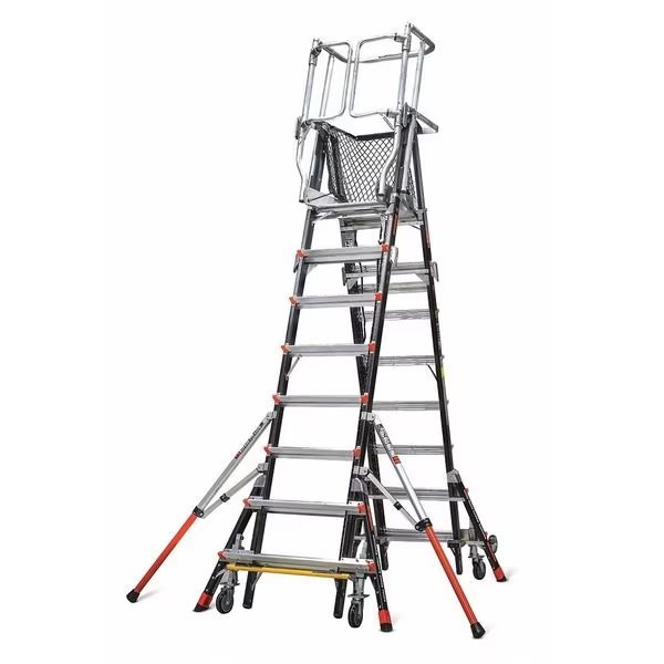 8 to 14 ft Fiberglass Adjustable Safety Cage Platform Stepladder, 375 lb Capacity, Little Giant Ladders, Mfr#: 18515-240