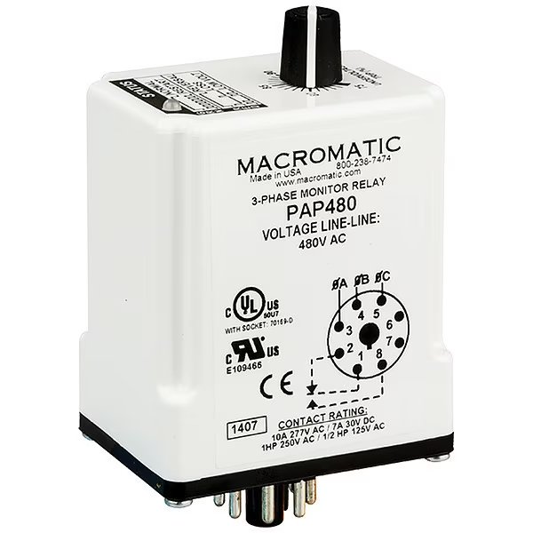 3 Phase Monitor Relay, SPDT, 480VAC, 8 Pin, Macromatic, Mfr#: PAP480
