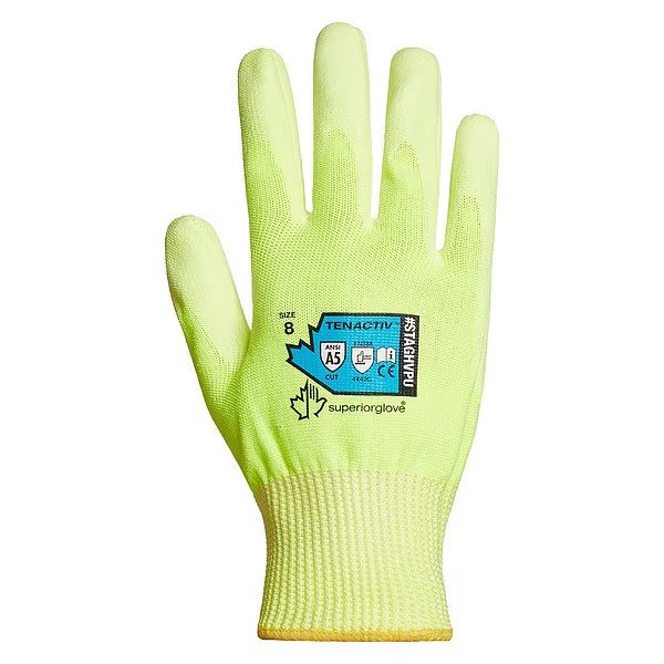 Hi-Vis Cut Resistant Coated Gloves, A5 Cut Level, 13 ga, Yellow, 10, Superior Glove, Mfr#: STAGHVPU10