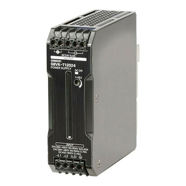 Switching Power Supply, 380/480V AC; 450/600V DC, 24V DC, 120W, 5A, DIN Rail, Omron, Mfr#: S8VK-T12024