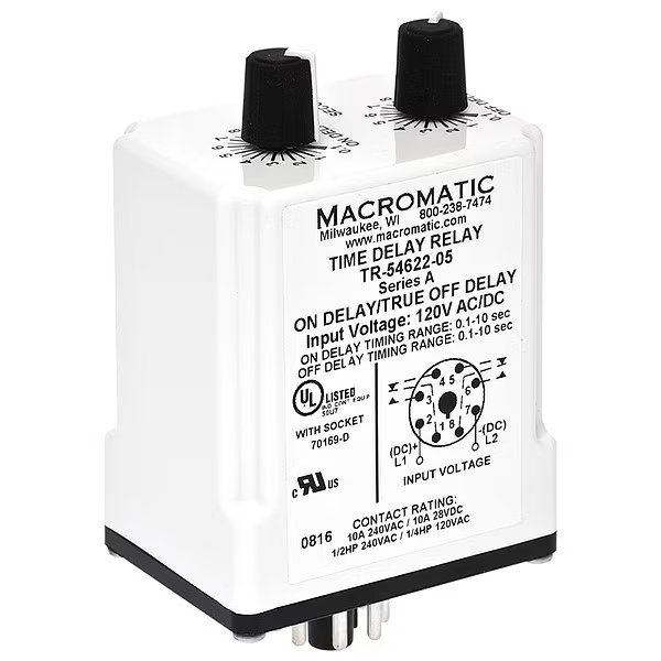 Time Delay Relay, 12VDC, 10A, DPDT, 0.6 sec., Macromatic, Mfr#: TR-55126-08