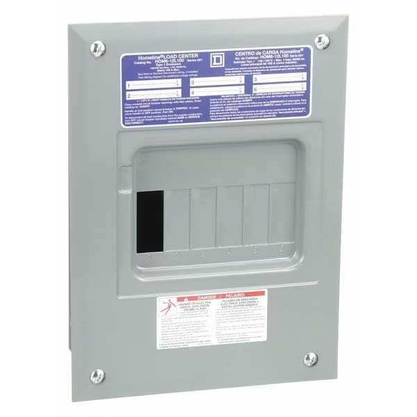 Load Center, HOM, 6 Spaces, 100A, 120/240V AC, Main Lug, 1 Phase, Square D, Mfr#: HOM612L100F