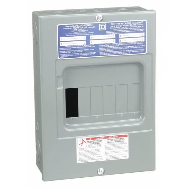 Load Center, HOM, 6 Spaces, 100A, 120/240V AC, Main Lug, 1 Phase, Square D, Mfr#: HOM612L100S