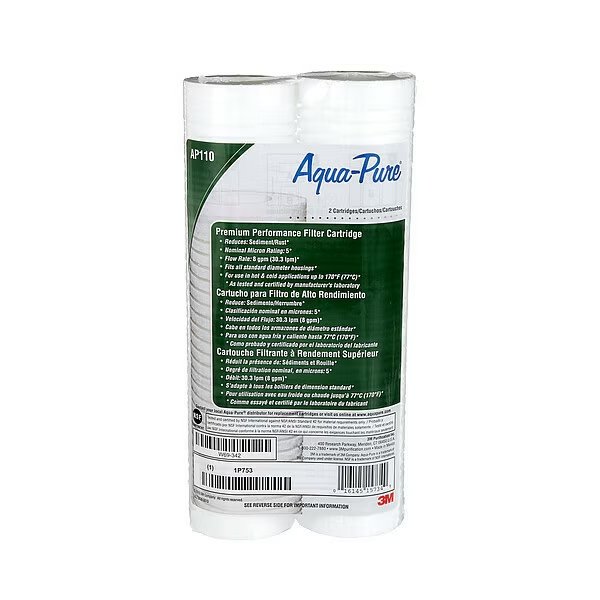 Quick Connect Water Filter: 5 micron, 8 gpm, 9-3/4 in Overall Ht, 2-1/2 in Dia, Polypropylene, 2 PK, 3M Aqua-Pure, Mfr#: AP110