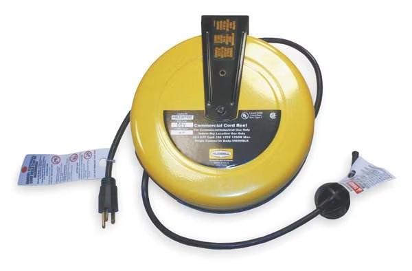 25 ft. 16/3 Retractable Cord Reel 10 Amps 0 Outlets 120VAC Voltage, Hubbell Wiring Device-Kellems, Mfr#: HBLC25163