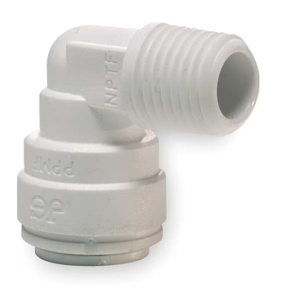 Push-to-Connect, Threaded Elbow, 1/4 in Tube Size, Polypropylene, White, 10 PK, John Guest, Mfr#: PP480821W-PK10
