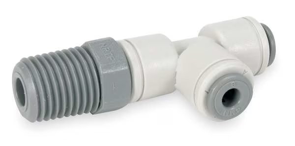 Push-to-Connect, Threaded Swivel Run Tee, 1/4 in Tube Size, Acetal, Gray, 10 PK, John Guest, Mfr#: PI110822S-PK10