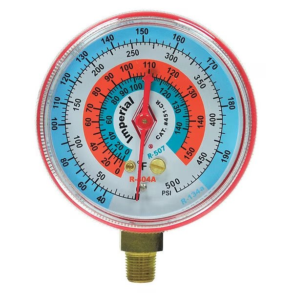 Gauge, 2-1/2 In Dia, High Side, Red, 500 psi, Imperial, Mfr#: 423-CR