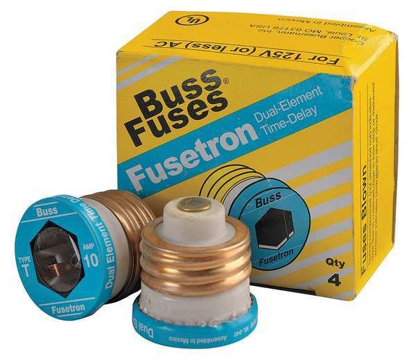Plug Fuse, T Series, Time-Delay, 10A, 125V AC, Indicating, 10kA at 125V AC, 4 PK, Eaton Bussmann, Mfr#: T-10