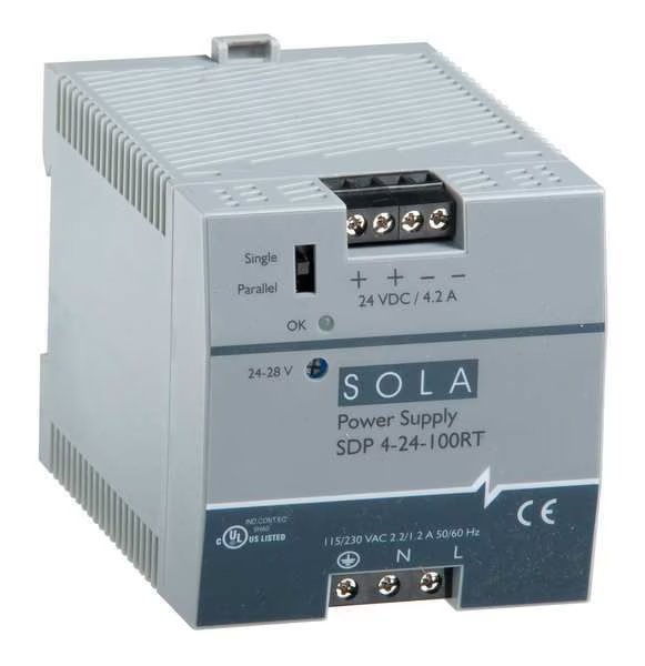 DC Power Supply, 176/264V AC; 210/375V DC; 85/132V AC, 24/28V DC, 100W, 4.2A, DIN Rail, Solahd, Mfr#: SDP424100RT