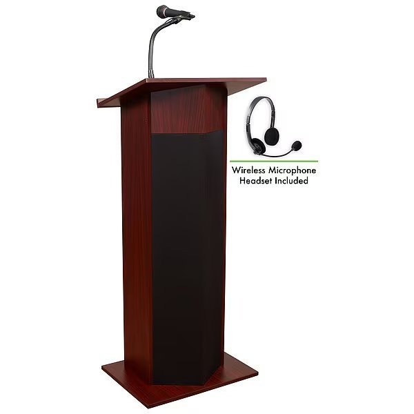 Power Plus Lectern with Wireless Headset Mic, Mahogany, Oklahoma Sound, Mfr#: 111PLS-MY/LWM-7