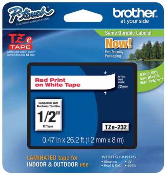Adhesive TZ Tape (R) Cartridge 0.47"x26-1/5ft., Red on White, Brother, Mfr#: TZe232