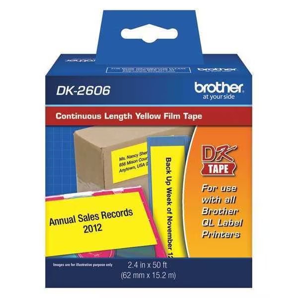 Adhesive Label Tape Cartridge 2-2/5" x 50 ft., Black/Yellow, Brother, Mfr#: DK2606