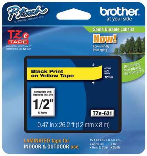 Adhesive TZ Tape (R) Cartridge 0.47"x26-1/5ft., Black/Yellow, Brother, Mfr#: TZe631