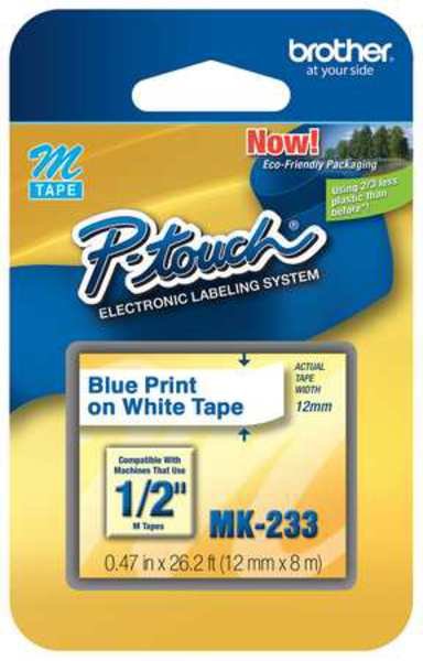 Adhesive Label Tape Cartridge 0.47" x 26-1/5 ft., Blue/White, Brother, Mfr#: MK233