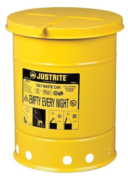 Oily Waste Can, 6 Gal., Steel, Yellow, Justrite, Mfr#: 09111