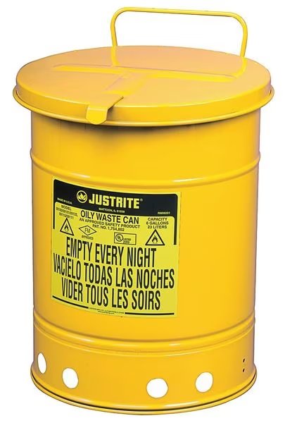 Oily Waste Can, 10 Gal., Steel, Yellow, Justrite, Mfr#: 09311