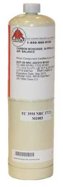 Calibration Gas Cylinder, CO, 20ppm, 17L, Air Systems Intl, Mfr#: BBG-20
