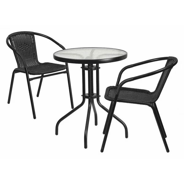 Lila 23.75'' Round Glass Metal Table with 2 Black Rattan Stack Chairs, Flash Furniture, Mfr#: TLH-071RD-037BK2-GG