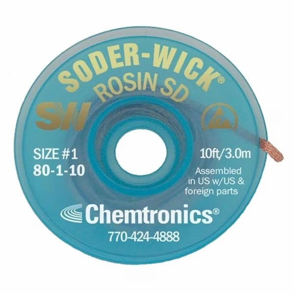 Desoldering Wick, 10 ft., 1, Copper, Rosin, Chemtronics, Mfr#: 80-1-10