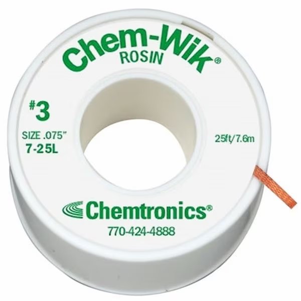 Desoldering Wick, 25 ft., 7, Copper, Rosin, Chemtronics, Mfr#: 7-25L