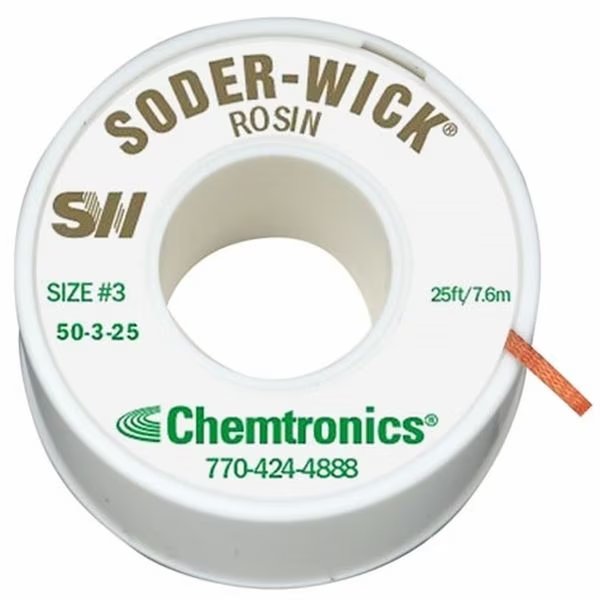 Desoldering Wick, 25 ft., 3, Copper, Rosin, Chemtronics, Mfr#: 50-3-25