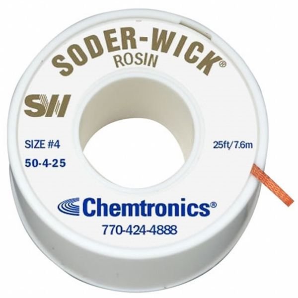 Desoldering Wick, 25 ft., 4, Copper, Rosin, Chemtronics, Mfr#: 50-4-25