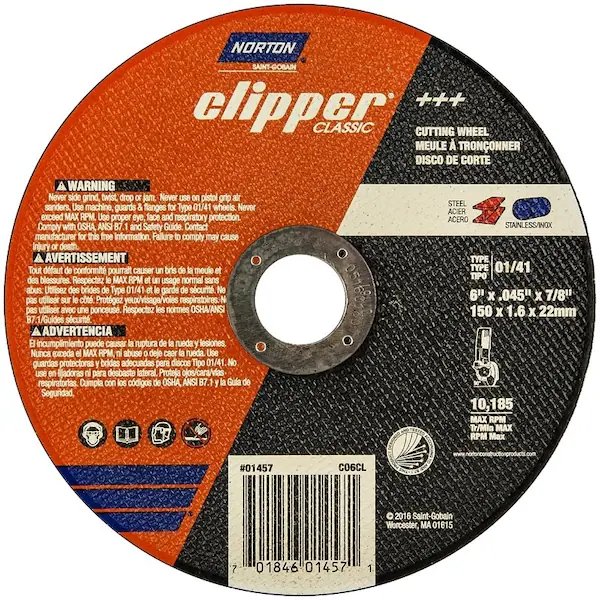 Clipper Classic A AO Series Cutoff Wheel, 6 in Dia, 0045 in Thick, 78 in Arbor, Norton Clipper, Mfr#: 70184601457