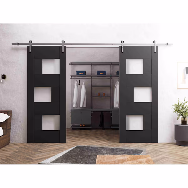 Sturdy Dbl Barn Door 72 x 96in, Matte Black W/ Frosted Glass, SS 13FT Rail Hangers Heavy Set, Sartodoors, Mfr#: SETE6933DB-S-BLK-7296