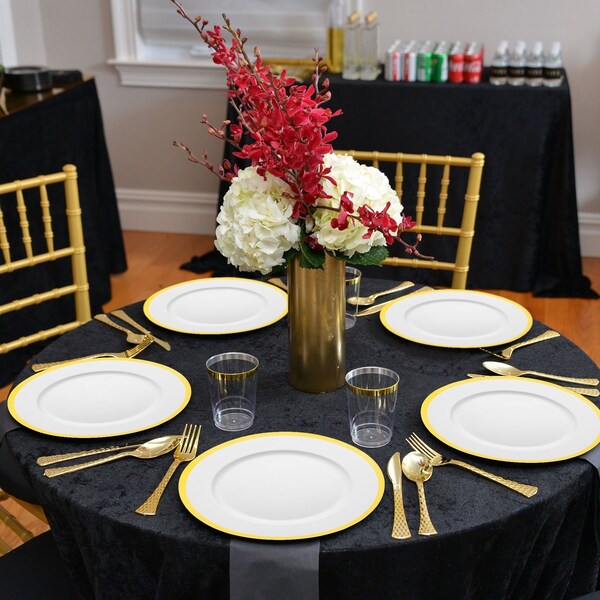 13 White with Gold Rim Round Disposable Plastic Charger Plates 60 Plates, 60PK, Smarty Had A Party, Mfr#: 2710WHG-CASE