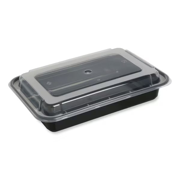 Food Container, 32 oz, 8.81 x 6.02 x 2.24, Black/Clear, Plastic, 150PK, Gen, Mfr#: FCPP-BC-32RECT