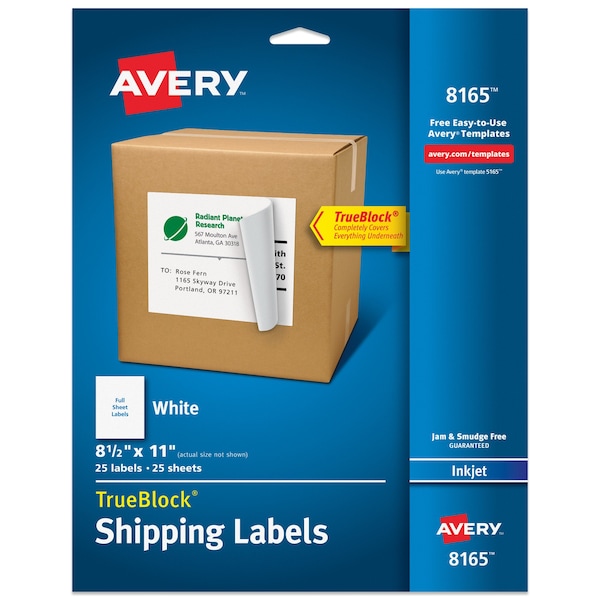 Avery® Shipping Labels with TrueBlock® Technology for Inkjet Printers 8165, 8-1/2" x 11", 25 Labels, Avery, Mfr#: 727828165