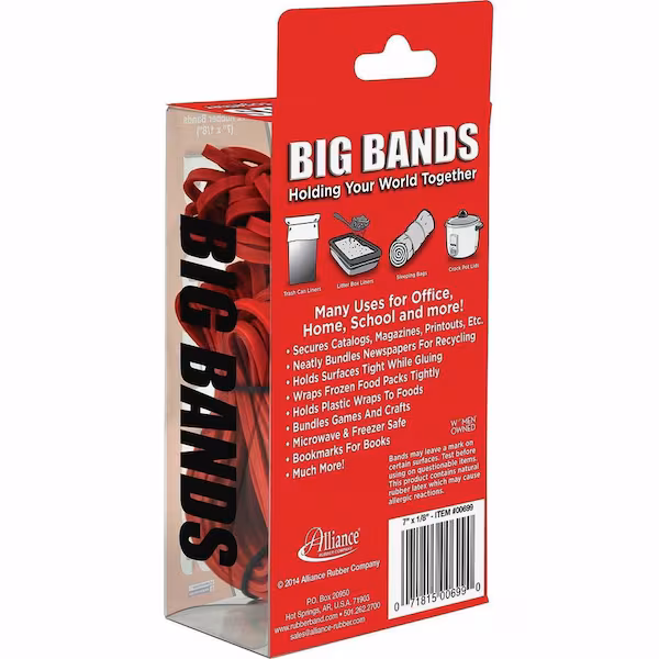 Big Rubber Bands, 117B, 7-1/2"x1/8", 48/PK, Red PK, Alliance Rubber, Mfr#: ALL00699