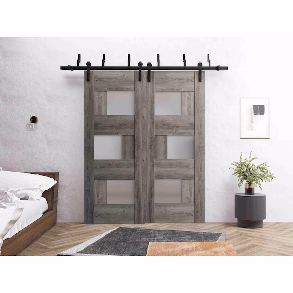Sliding Closet Barn Bypass Doors 60 x 80in, Nebraska Grey W/ Frosted Glass, Sturdy 6.6ft Rails, Sartodoors, Mfr#: SETE6933BBB-NEB-60