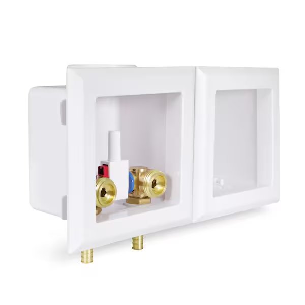 Double Washing Machine Oulet Box, W/ 1/2'' PEX Barb Valves, White ABS, Everflow, Mfr#: SB120-P