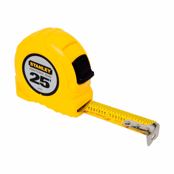 25 ft Tape Measure, 1 in Blade, Fractional, Stud Markings, True-Zero Hook, ABS Plastic Case, Yellow, Stanley, Mfr#: 30-454